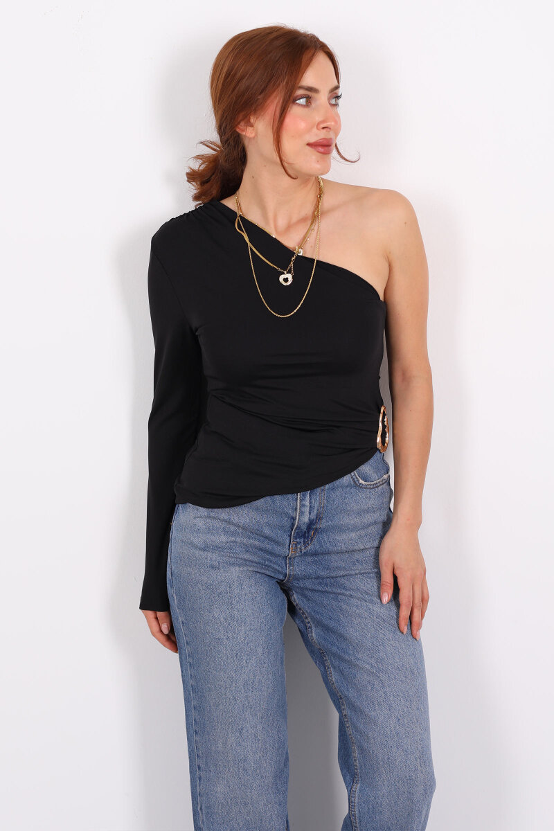 Tek Kol Toka Detaylı Siyah Kadın Bluz - 4