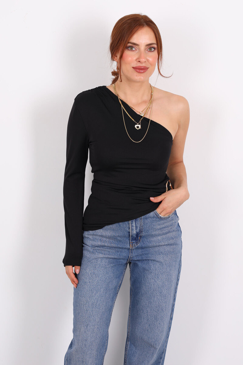Tek Kol Toka Detaylı Siyah Kadın Bluz - 3