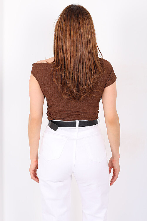 Tek Kol Tokalı Drapeli Kahverengi Kadın Bubble Bluz - 5