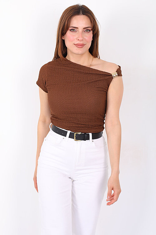 Tek Kol Tokalı Drapeli Kahverengi Kadın Bubble Bluz - Berox