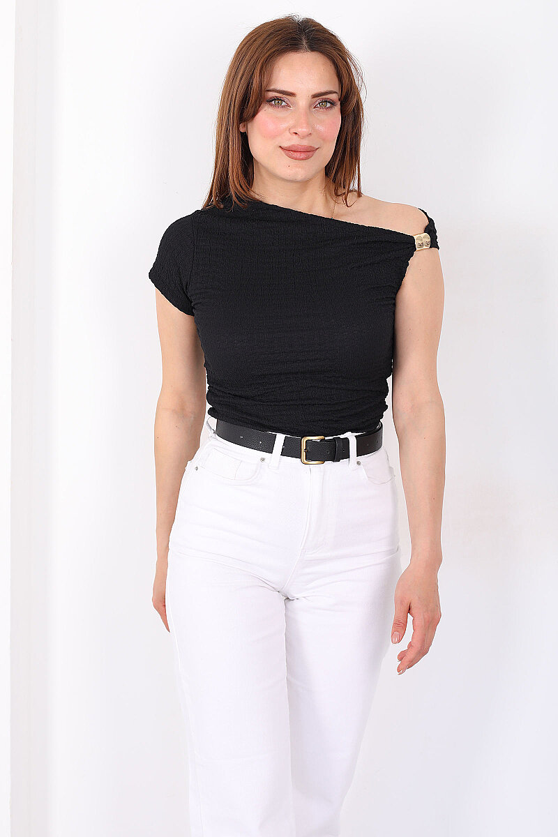 Tek Kol Tokalı Drapeli Siyah Kadın Bubble Bluz - 5