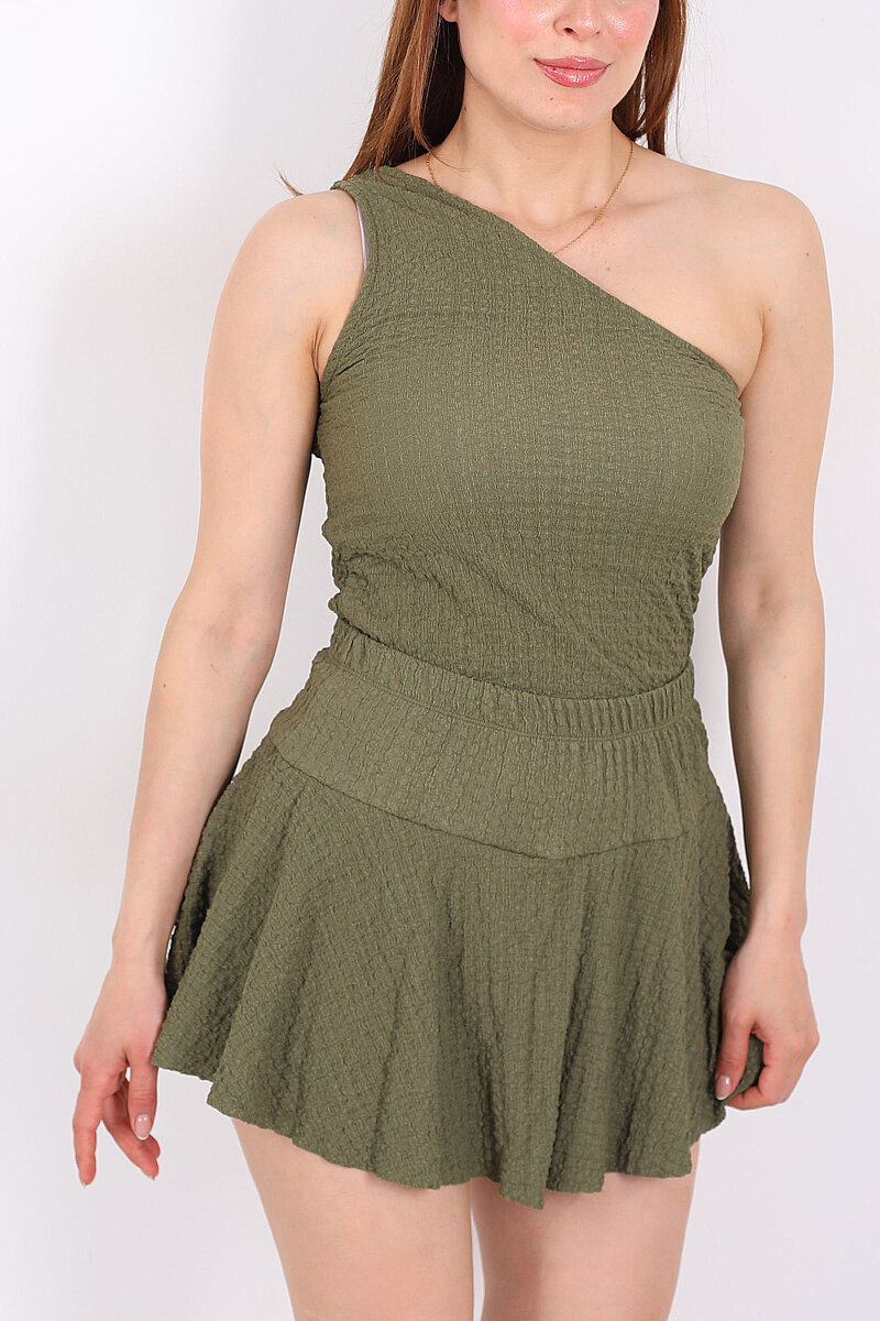 Tek Kol Yanları Büzgülü Haki Kadın Bubble Bluz - 2