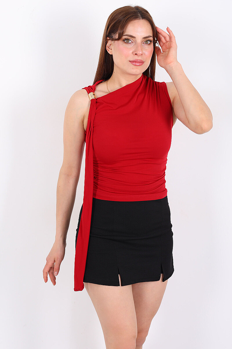 Tek Omuz Aksesuarlı Şal Detay Drapeli Kırmızı Kadın Bluz - 3