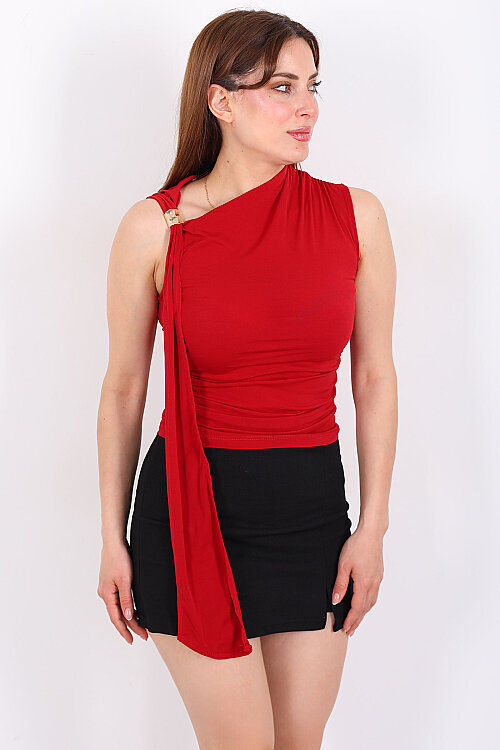 Tek Omuz Aksesuarlı Şal Detay Drapeli Kırmızı Kadın Bluz - 6