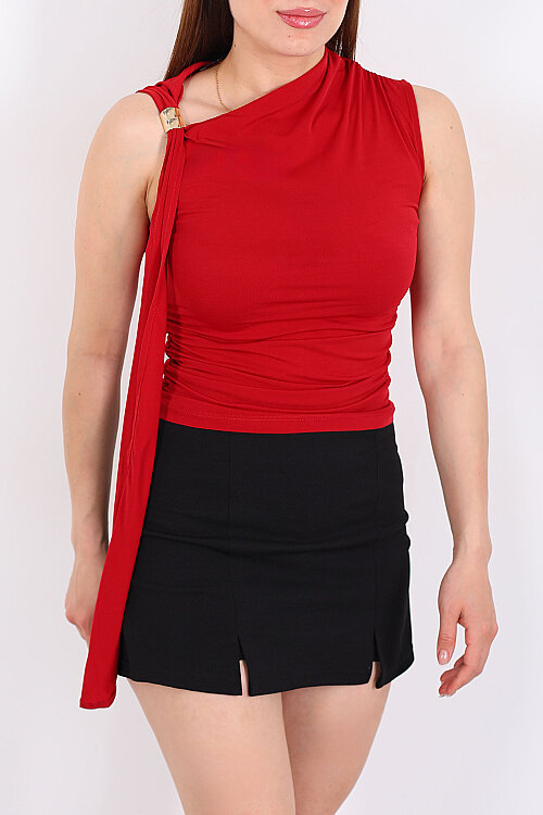 Tek Omuz Aksesuarlı Şal Detay Drapeli Kırmızı Kadın Bluz - Berox (1)