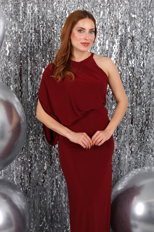 Tek Omuz Drapeli Bordo Kadın Sandy Elbise - Berox