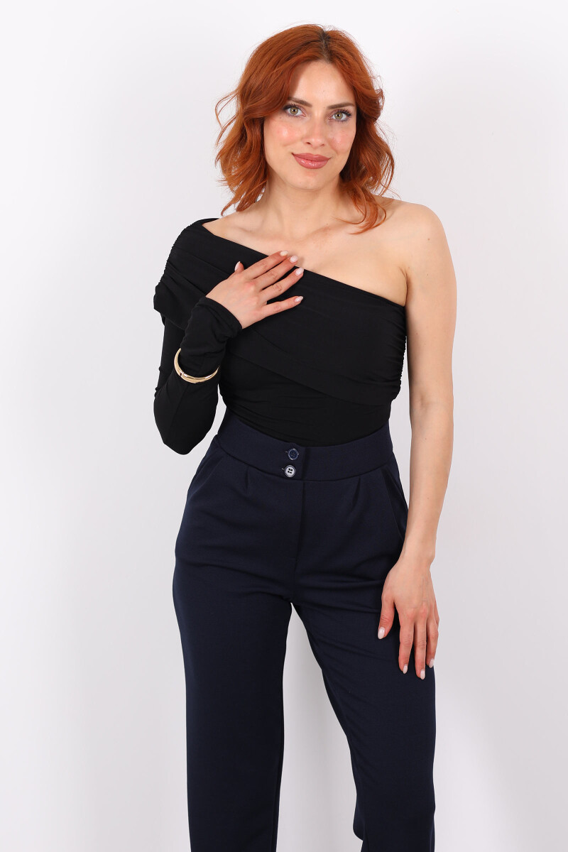 Tek Omuz Drapeli Çıtçıtlı Siyah Kadın Bluz - 3