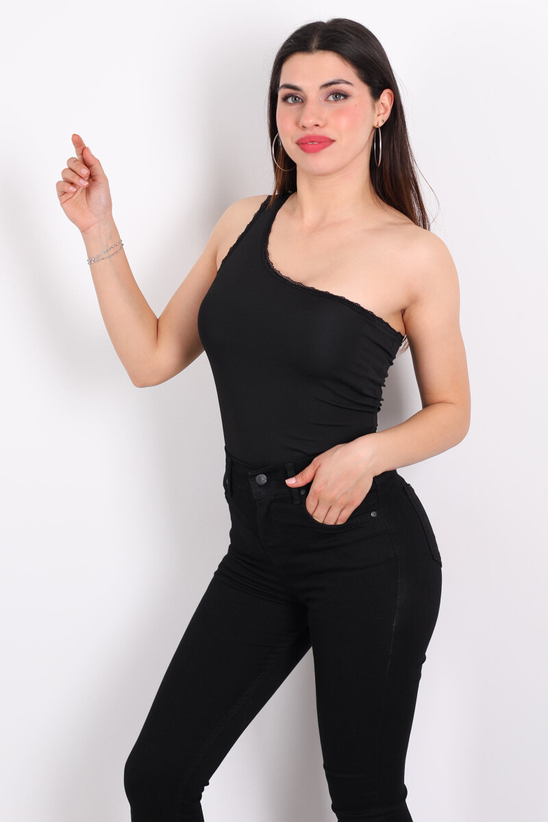 Tek Omuz Güpür Detaylı Siyah Kadın Çıtçıtlı Body - 4