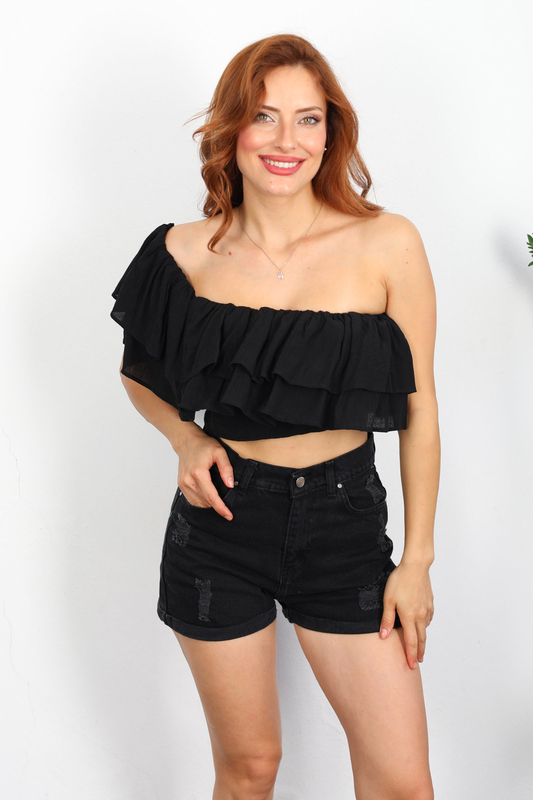 Tek Omuz Katlı Gipeli Siyah Kadın Crop - 3