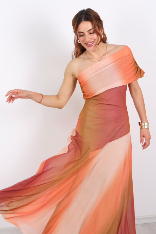 Tek Omuz Volanlı Tül Mercan Kadın Elbise - Berox (1)