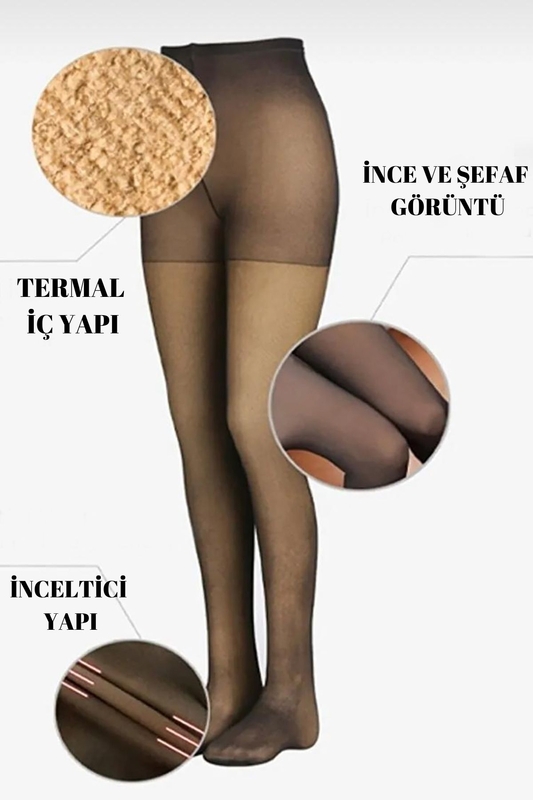 Ten Görünümlü İçi Polarlı Kadın Siyah Termal Külotlu Çorap - 1