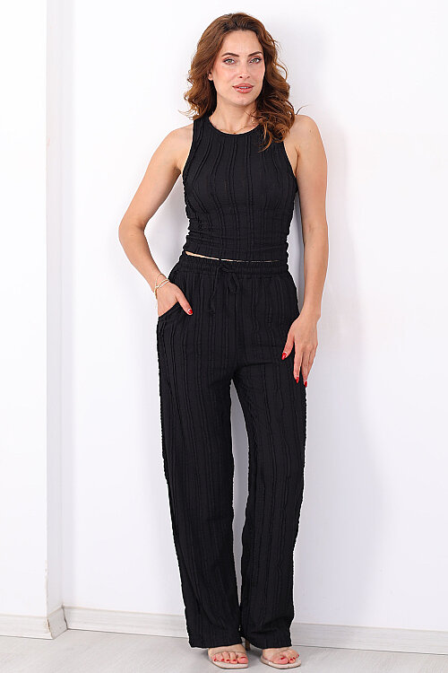 Ters Dikişli Halter Yaka Bluz-Pantolon Siyah Kadın Takım - 3