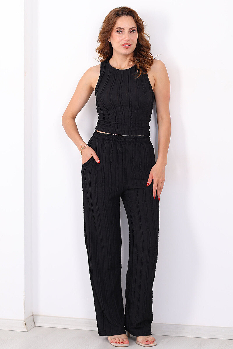 Ters Dikişli Halter Yaka Bluz-Pantolon Siyah Kadın Takım - 3