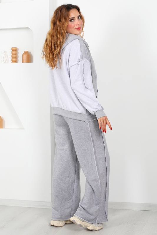 Ters Dikişli Kapüşonlu Fermuarlı Gri Kadın Sweat Takım - 7