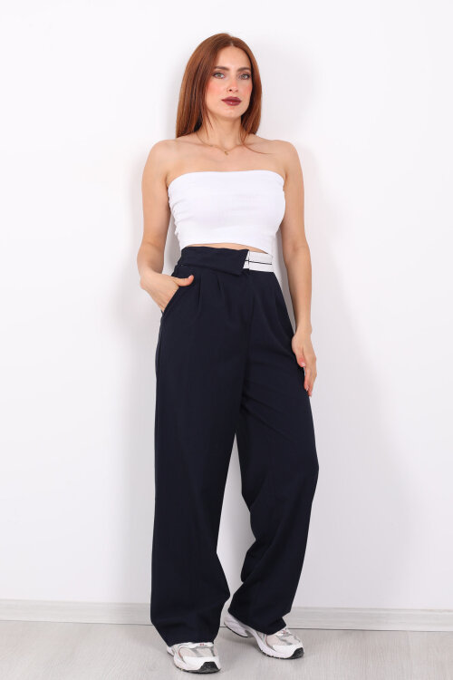 Ters Kemer Detaylı Bol Paça Lacivert Kadın Kumaş Pantolon - 3