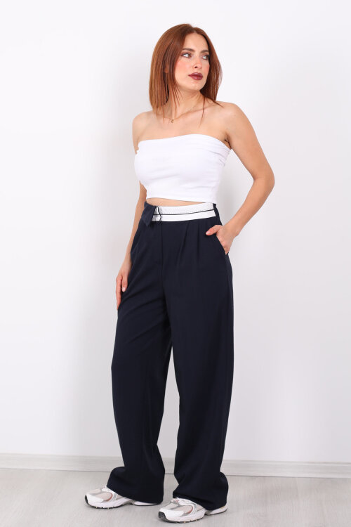 Ters Kemer Detaylı Bol Paça Lacivert Kadın Kumaş Pantolon - 4