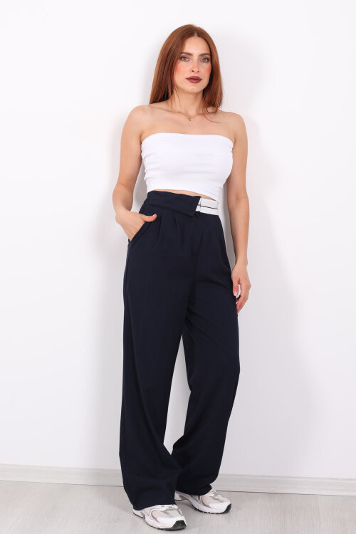 Ters Kemer Detaylı Bol Paça Lacivert Kadın Kumaş Pantolon - 6