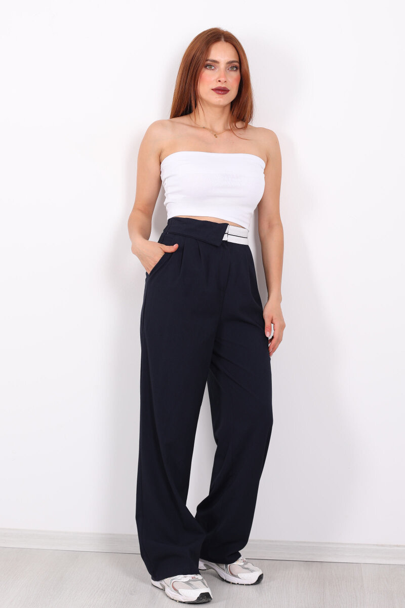 Ters Kemer Detaylı Bol Paça Lacivert Kadın Kumaş Pantolon - 6