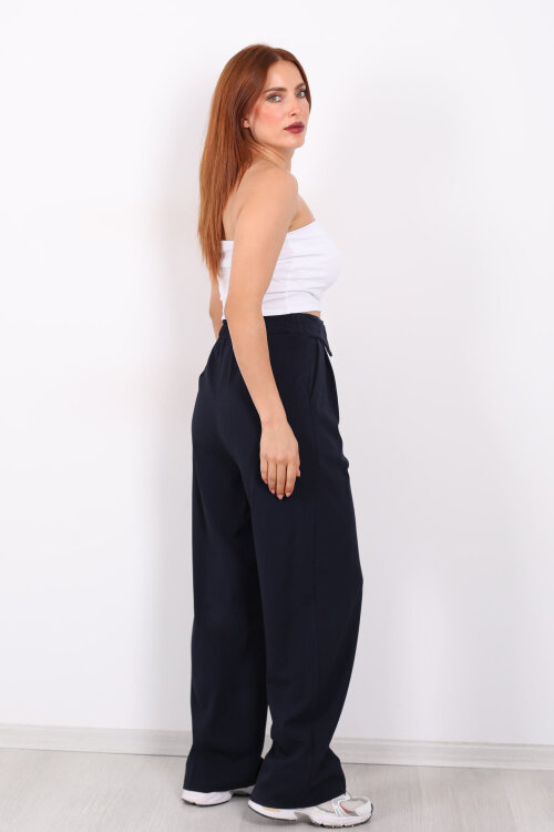 Ters Kemer Detaylı Bol Paça Lacivert Kadın Kumaş Pantolon - 5