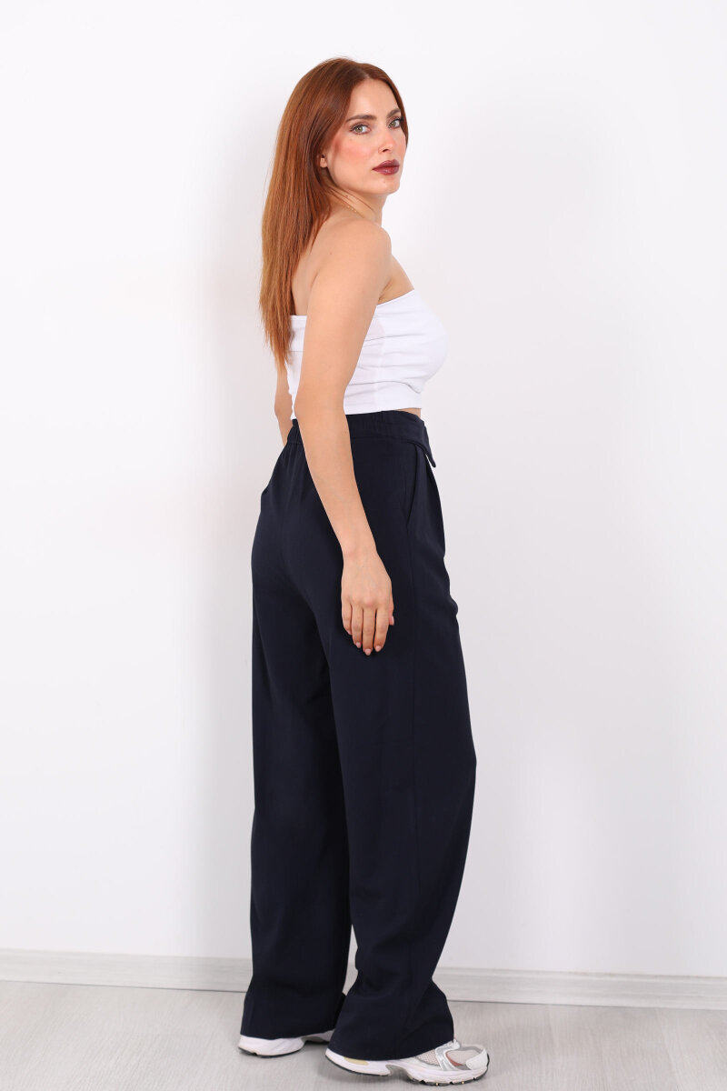 Ters Kemer Detaylı Bol Paça Lacivert Kadın Kumaş Pantolon - 5