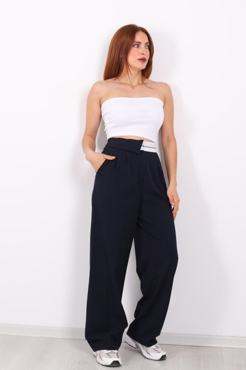 Ters Kemer Detaylı Bol Paça Lacivert Kadın Kumaş Pantolon - Berox