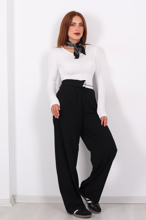 Ters Kemer Detaylı Bol Paça Siyah Kadın Kumaş Pantolon - Berox