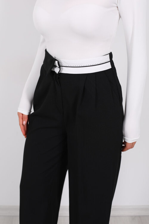 Ters Kemer Detaylı Bol Paça Siyah Kadın Kumaş Pantolon - Berox (1)