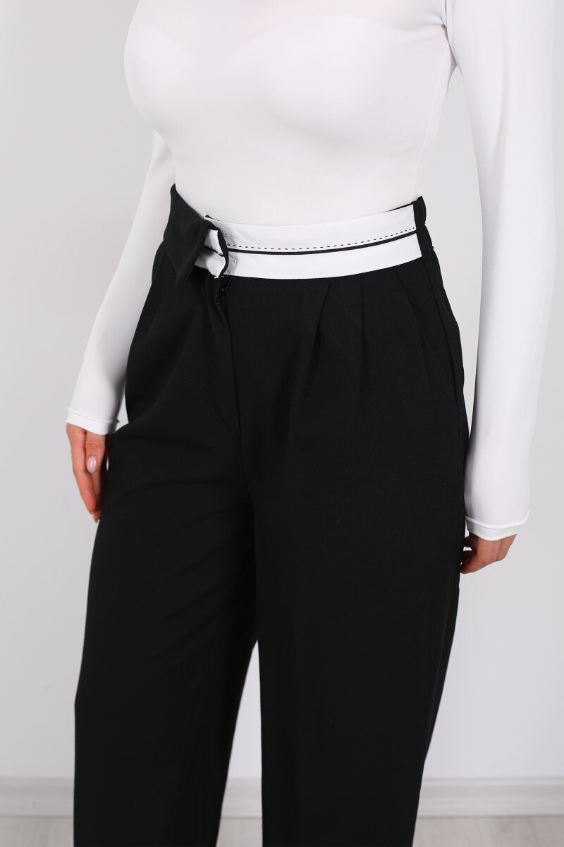 Ters Kemer Detaylı Bol Paça Siyah Kadın Kumaş Pantolon - 2