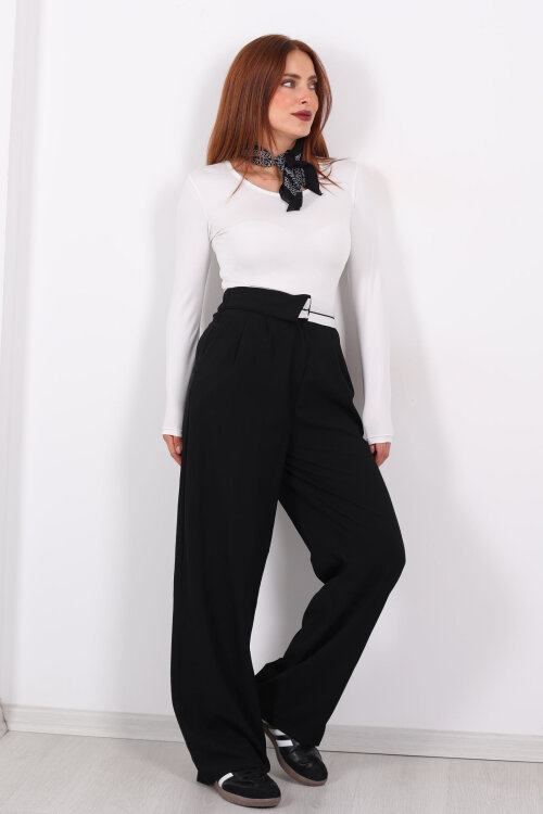 Ters Kemer Detaylı Bol Paça Siyah Kadın Kumaş Pantolon - 4