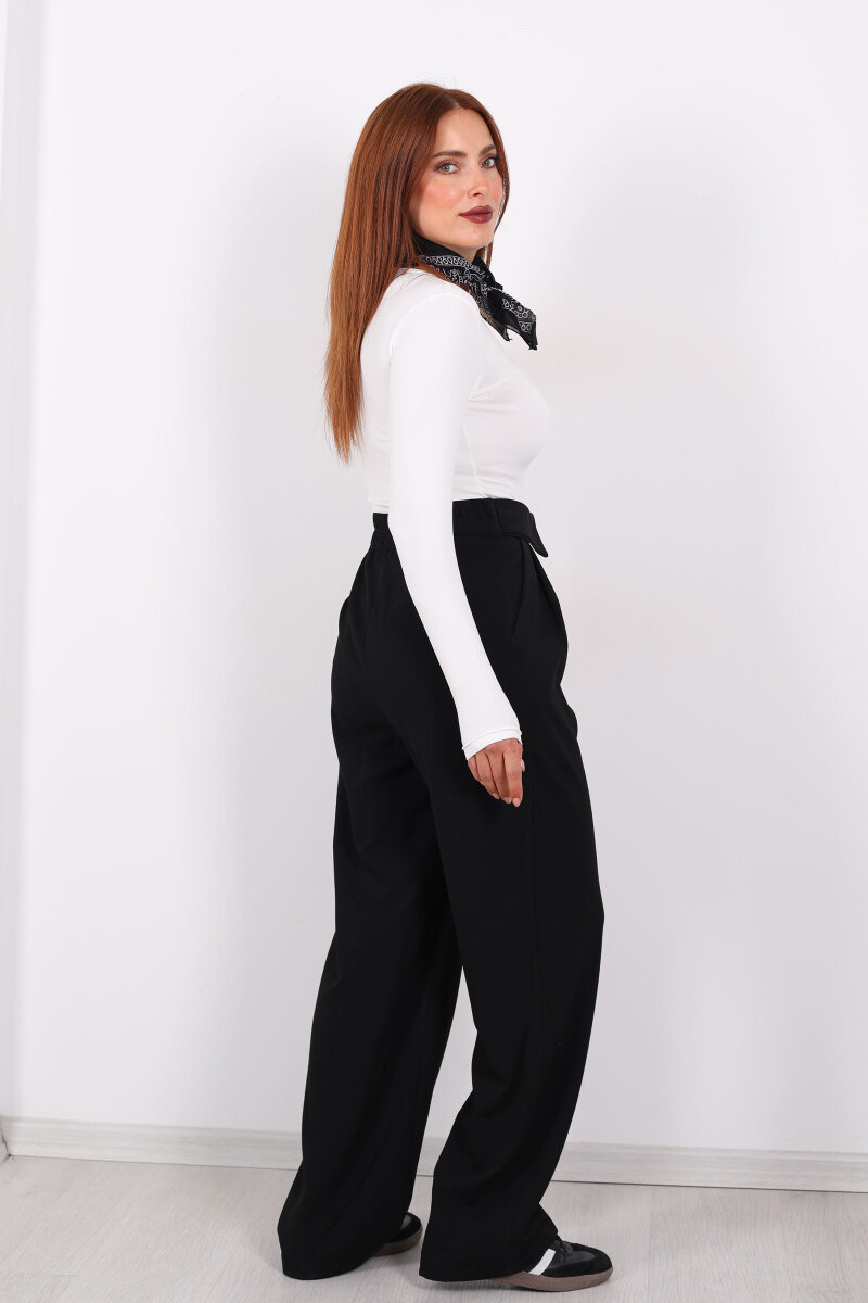 Ters Kemer Detaylı Bol Paça Siyah Kadın Kumaş Pantolon - 5