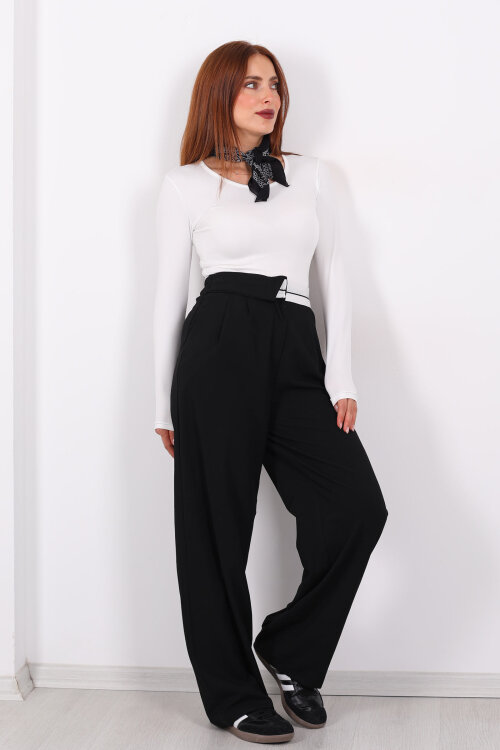 Ters Kemer Detaylı Bol Paça Siyah Kadın Kumaş Pantolon - 6