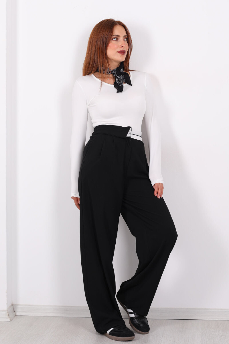 Ters Kemer Detaylı Bol Paça Siyah Kadın Kumaş Pantolon - 6