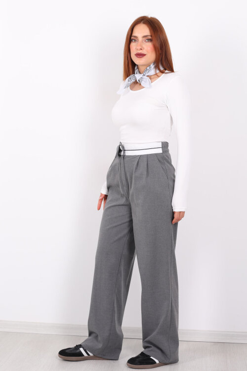 Ters Kemer Detaylı Bol Paça Antrasit Kadın Kumaş Pantolon - 6