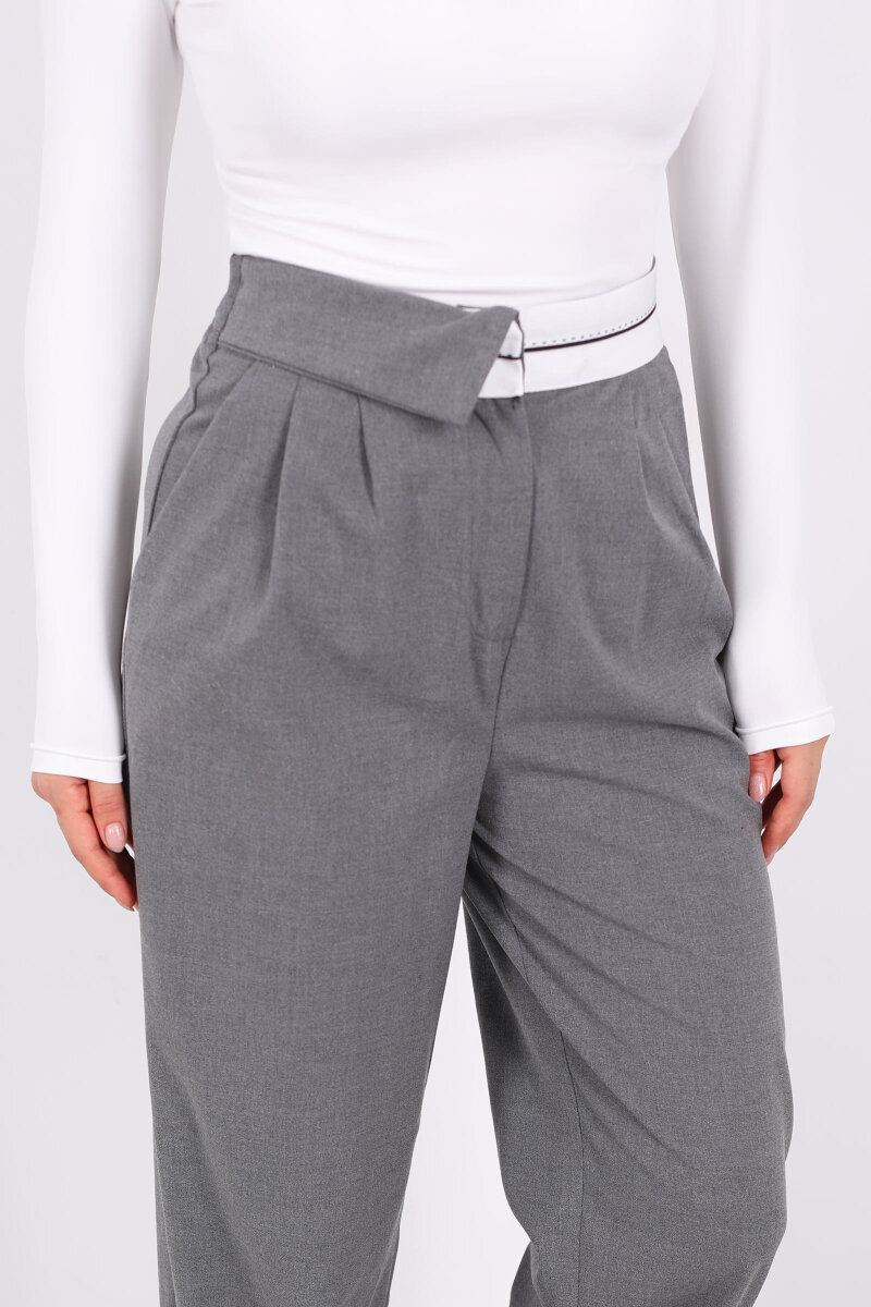 Ters Kemer Detaylı Bol Paça Antrasit Kadın Kumaş Pantolon - 2