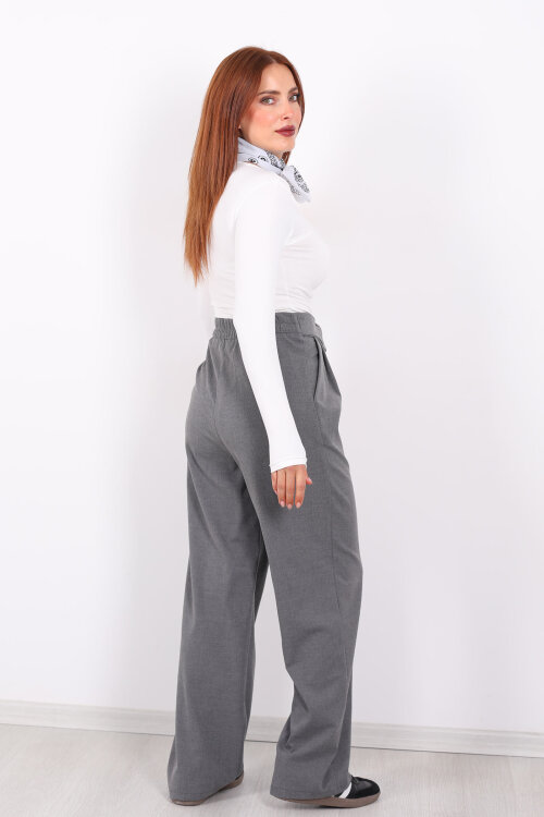 Ters Kemer Detaylı Bol Paça Antrasit Kadın Kumaş Pantolon - 5