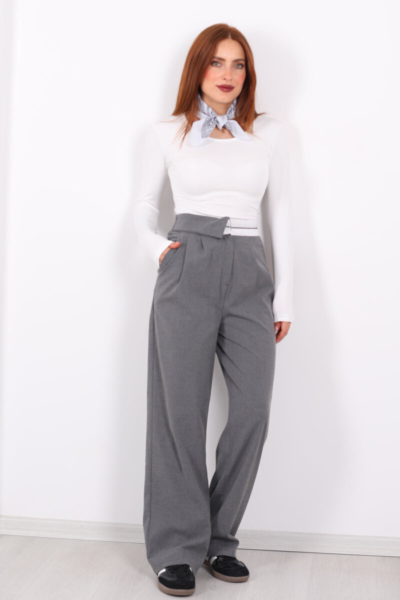 Ters Kemer Detaylı Bol Paça Antrasit Kadın Kumaş Pantolon - 1