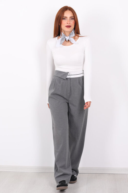 Ters Kemer Detaylı Bol Paça Antrasit Kadın Kumaş Pantolon - 3