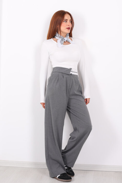 Ters Kemer Detaylı Bol Paça Antrasit Kadın Kumaş Pantolon - 4