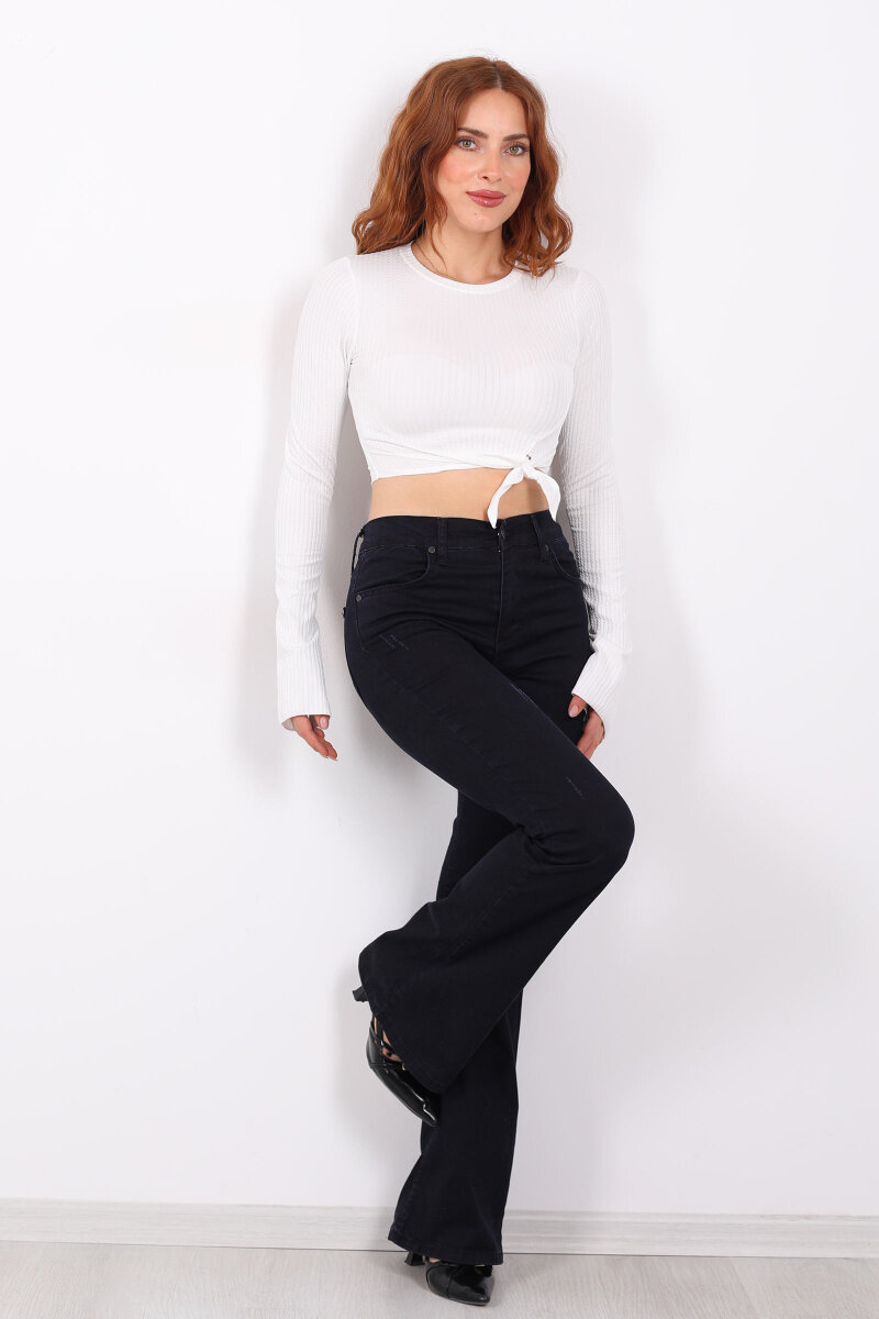 Tırnaklı İspanyol Paça Lacivert Kadın Kot Pantolon - 4