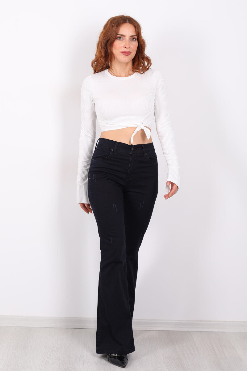 Tırnaklı İspanyol Paça Lacivert Kadın Kot Pantolon - 3