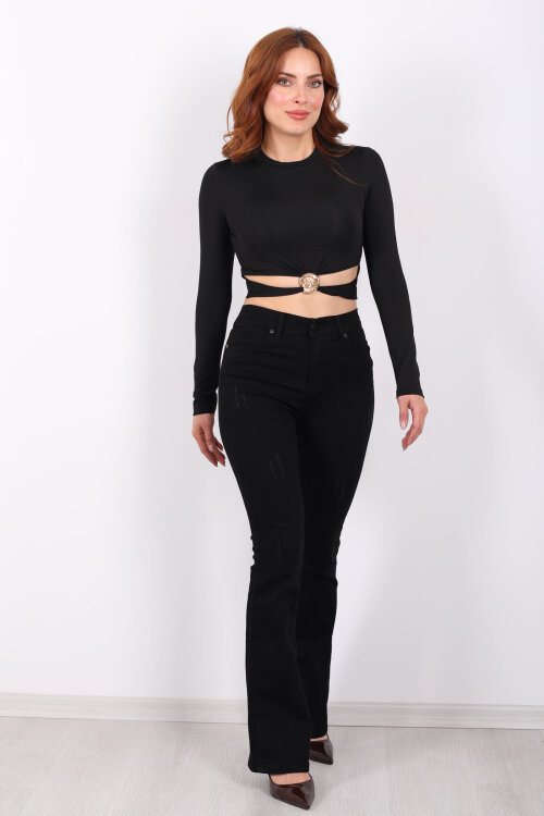 Tırnaklı İspanyol Paça Siyah Kadın Kot Pantolon - 6