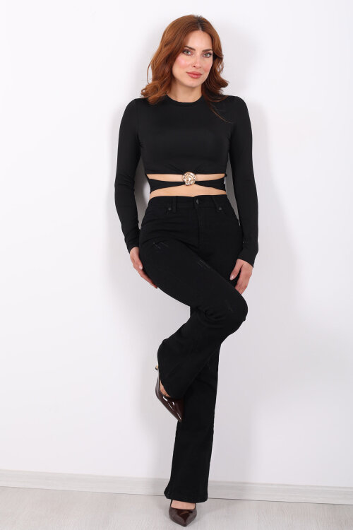 Tırnaklı İspanyol Paça Siyah Kadın Kot Pantolon - 4