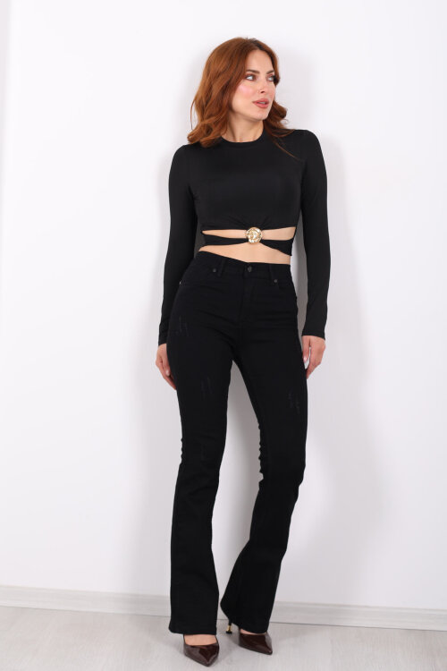 Tırnaklı İspanyol Paça Siyah Kadın Kot Pantolon - 3