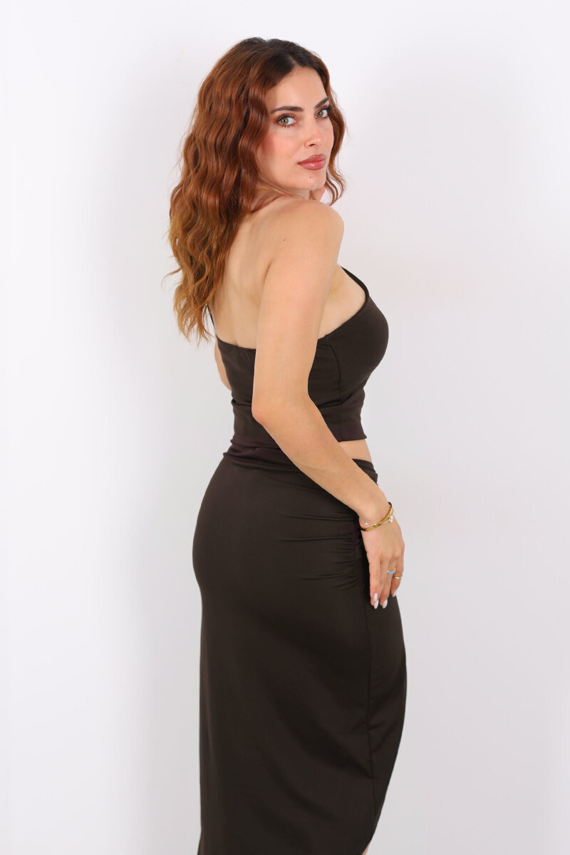 Toka Detaylı Asimetrik Kesim Etekli Acı Kahve Kadın Takım - 5