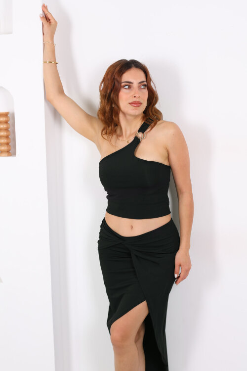 Toka Detaylı Asimetrik Kesim Etekli Siyah Kadın Takım - 7