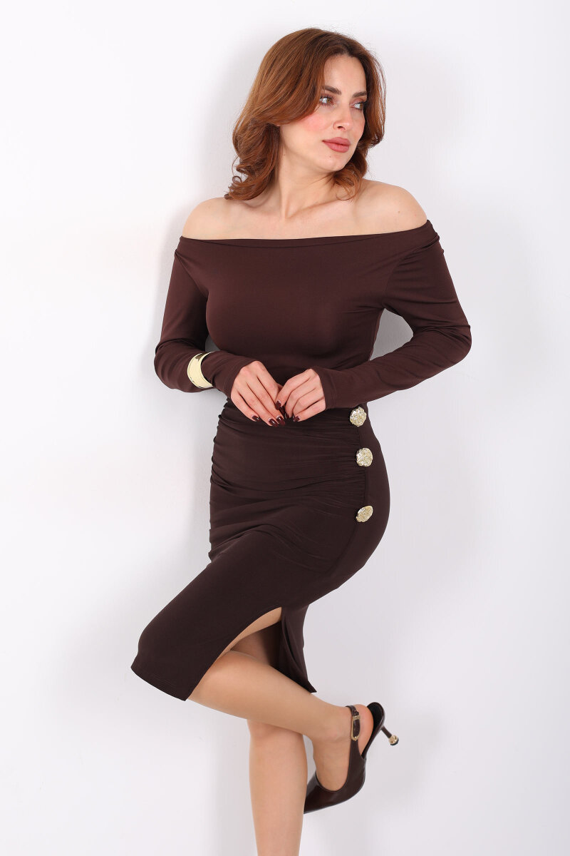 Toka Detaylı Büzgülü Acı Kahve Kadın Midi Etek - 4