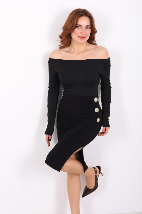 Toka Detaylı Büzgülü Siyah Kadın Midi Etek 