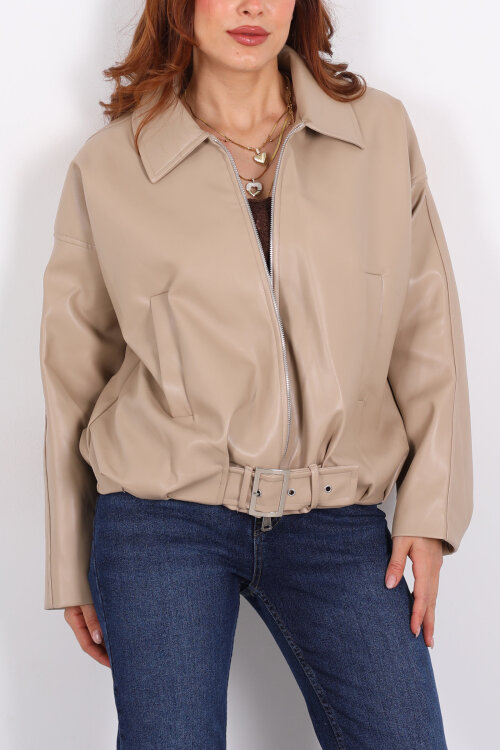 Toka Detaylı Kemerli Bej Kadın Deri Mont - Berox (1)