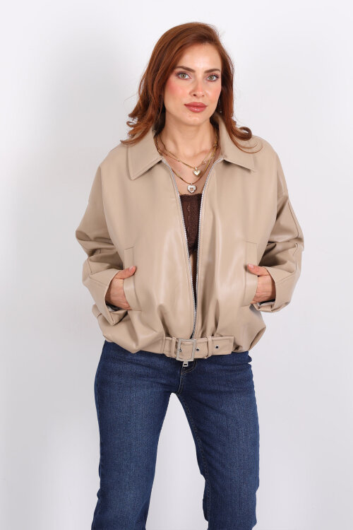 Toka Detaylı Kemerli Bej Kadın Deri Mont - Berox