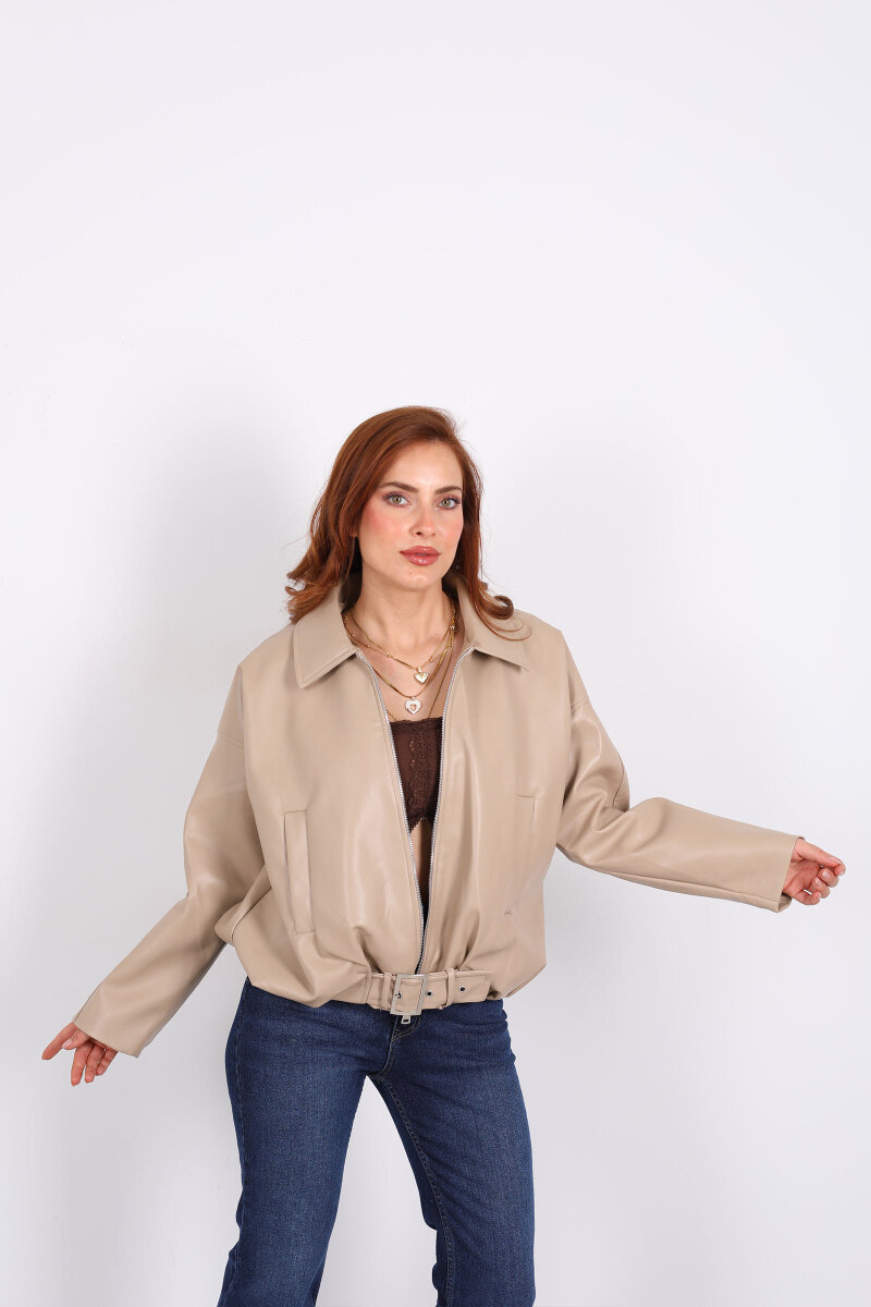 Toka Detaylı Kemerli Bej Kadın Deri Mont - 6
